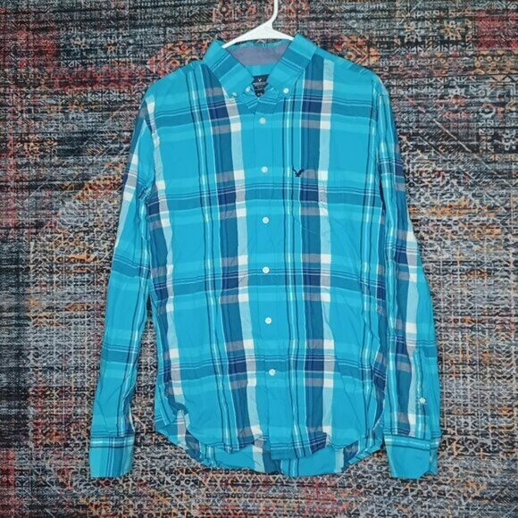 American Eagle mens blue black white plaid Classic fit button shirt M EUC - Picture 1 of 4